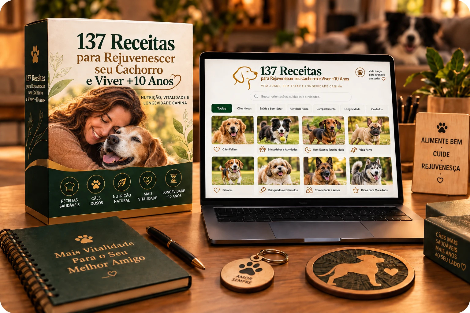 Kit 137 Receitas: caixa do guia, área de membros no notebook e acessórios