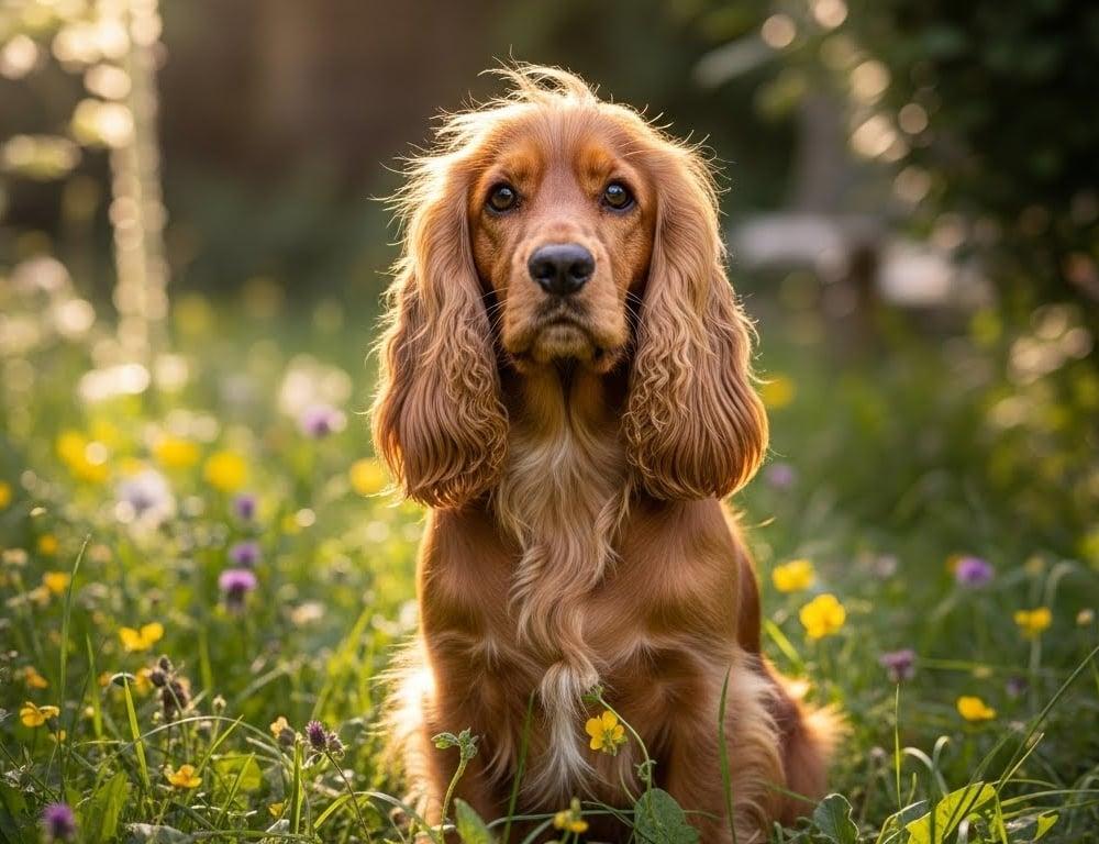 Cocker spaniel sentado em um jardim florido